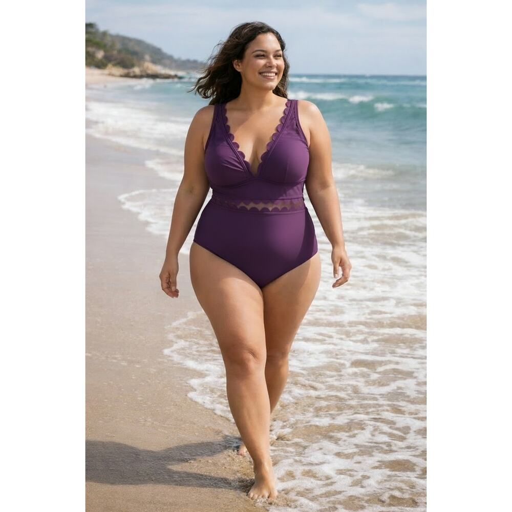 Cupshe - Scalloped Trim One Piece Swimsuit Plum Purple Adjustable Straps NEW 0X